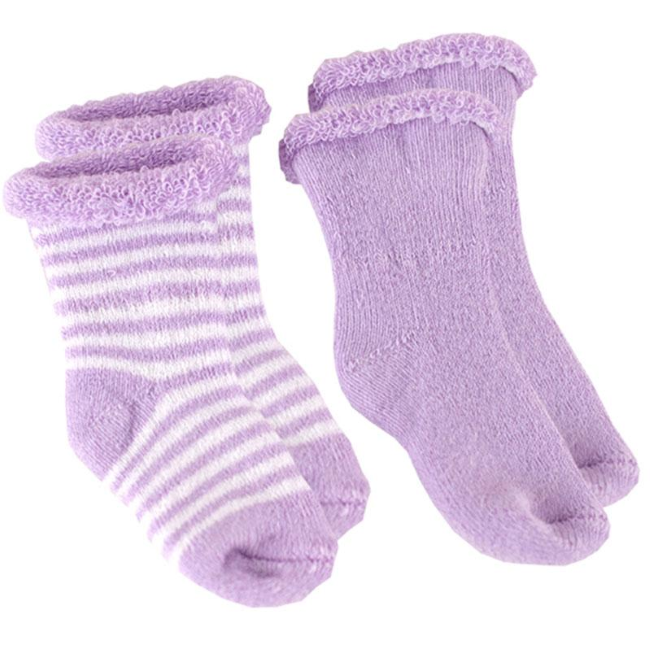 kushies baby terry socks 2pk - lilac stripe/solid