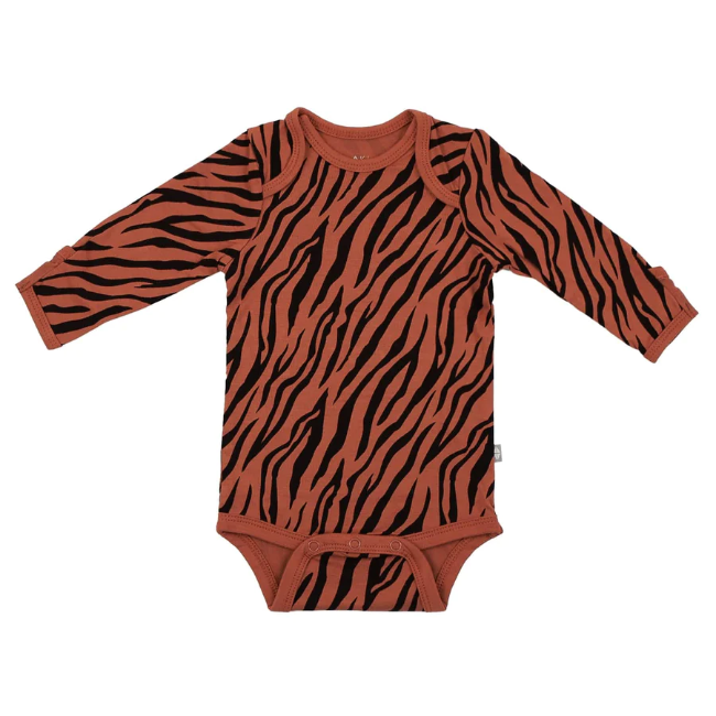 Kyte Baby Printed Long Sleeve Bodysuit in Rust Tiger