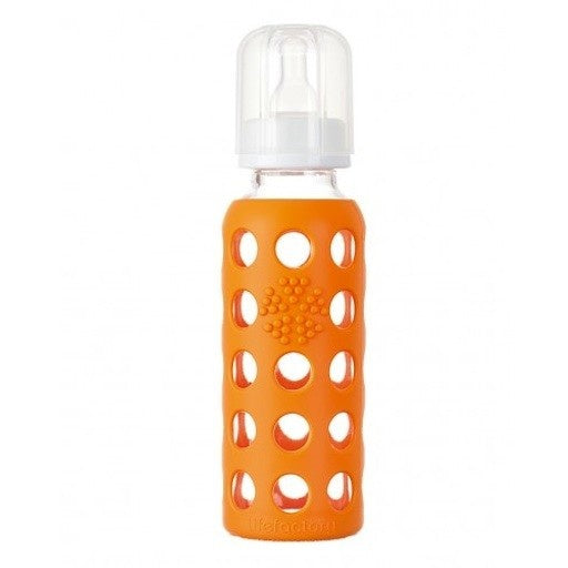 lifefactory 9oz glass + silicone baby bottle orange reg neck