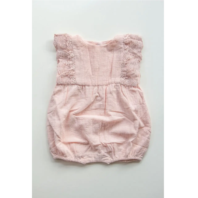 Miss Rose Sister Violet Linen & Lace Romper in Pink