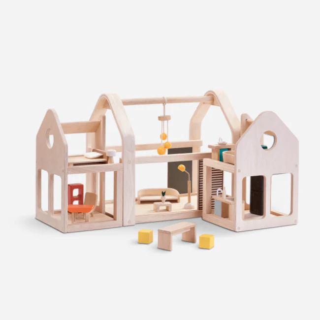 plan toys slide n go doll house (furnished)