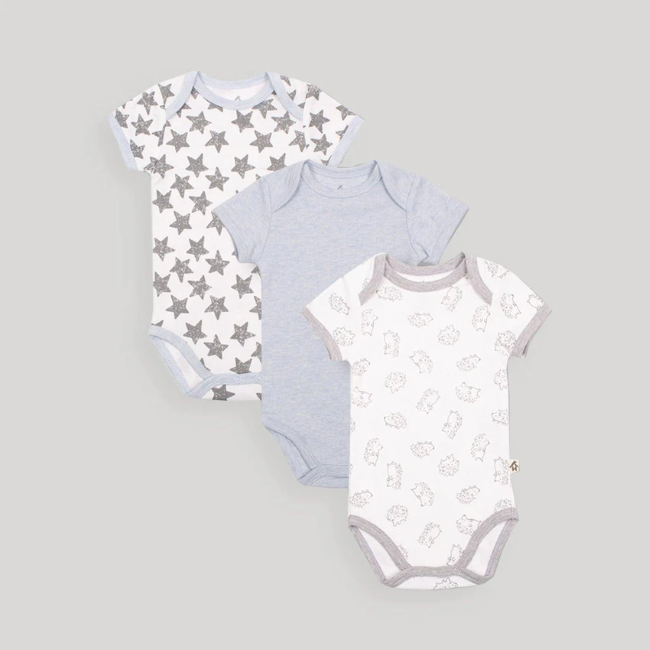 snugabye dream 3pk short sleeve bodysuits - blue