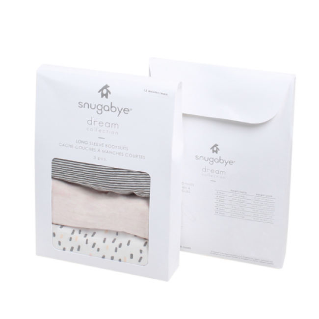 snugabye dream 3pk long sleeve bodysuits in a box - pink