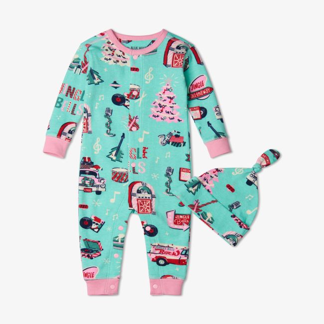hatley rocking holidays baby coverall & hat - teal