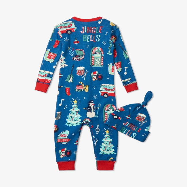 hatley rocking holiday baby coverall & hat - blue