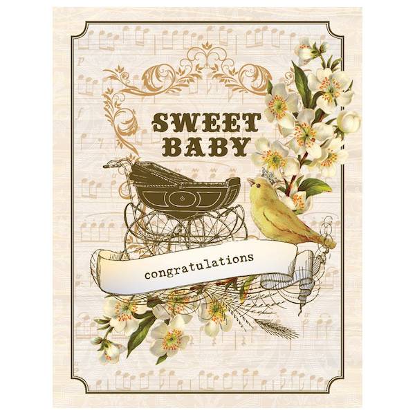yellow bird paper greetings - vintage baby buggy card