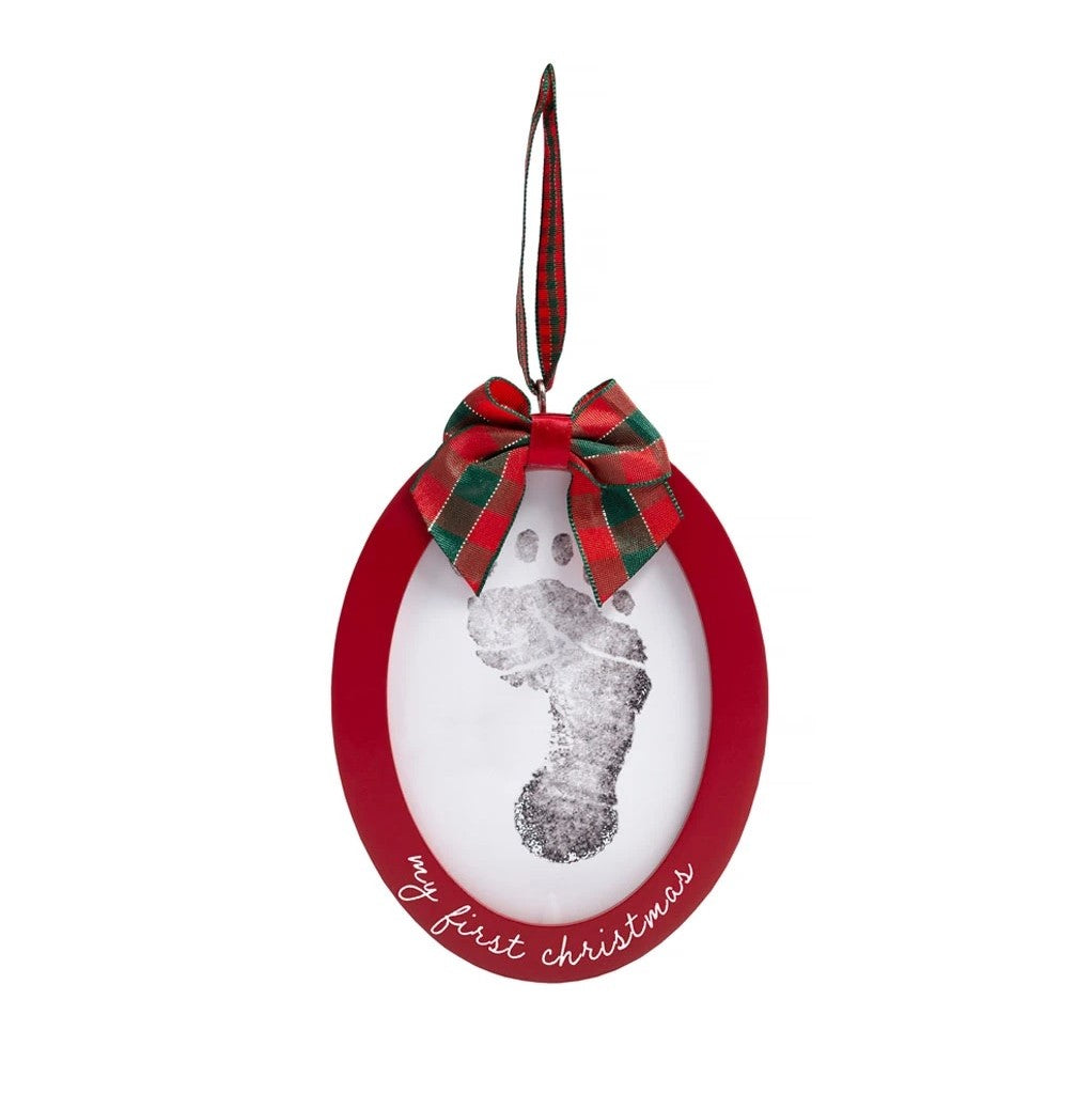 pearhead babyprints holiday photo ornament - red wooden oval