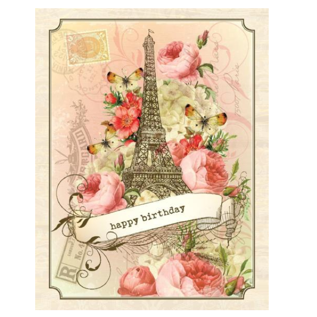 yellow bird paper greetings - vintage eiffel birthday card