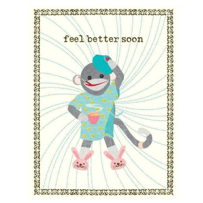 yellow bird paper greetings - sock monkey get well card