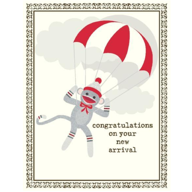 yellow bird paper greetings - sock monkey baby card