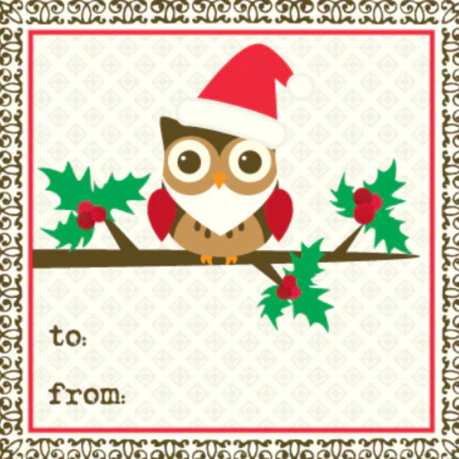 yellow bird paper greetings to/from gift tag - Santa Owl